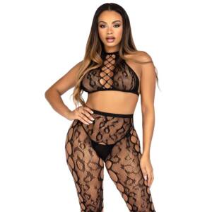 LEG AVENUE - 89372 Crop-Top und schrittlose Strumpfhose, Schwarz - Einheitsgröße