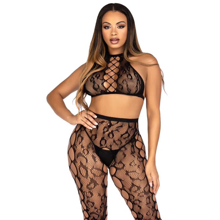 LEG AVENUE - 89372 Crop-Top und schrittlose Strumpfhose, Schwarz - Einheitsgröße