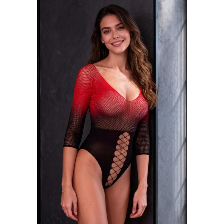 PASSION - BS118 Schwarzer und roter Mesh-Bodystocking