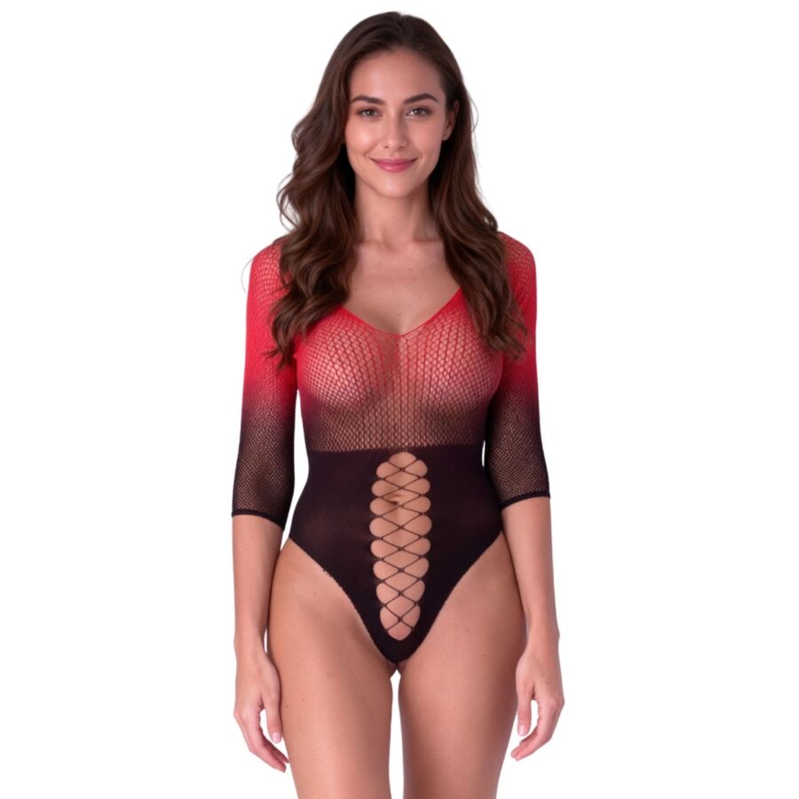 PASSION - BS118 Schwarzer und roter Mesh-Bodystocking