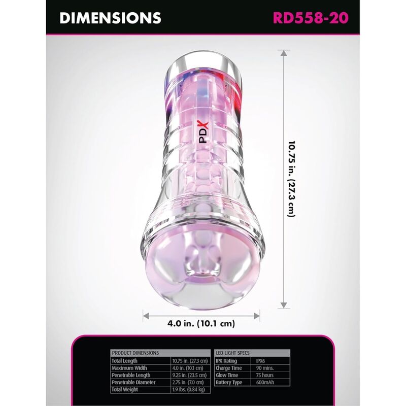 PDX ELITE - VIEWTUBE XXL LED TRANSPARENT MASTURBATOR 27,3 CM