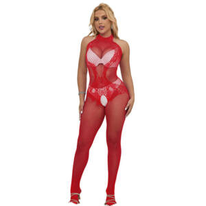 SUBBLIME - 952372 Bodystocking aus Netz und Spitze mit hohem Hals und ohne Schritt Rot Einheitsgröße