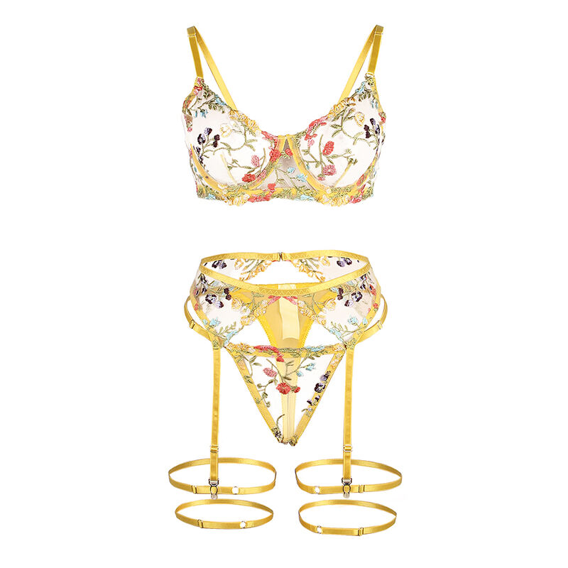 SUBBLIME - 954352 BH + String + Strumpfgürtel Blumendesign Gelb L/XL