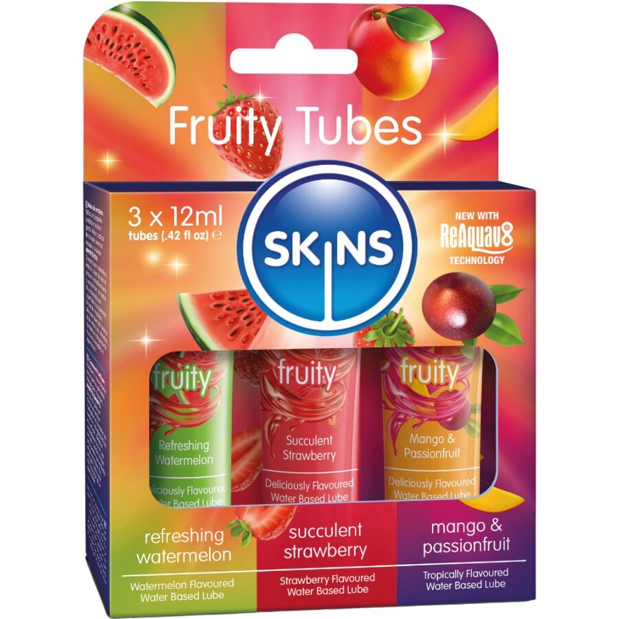 SKINS - Fruchtiges Gleitmittel-Set Wassermelone, Erdbeere & Mango Gleitmittel 3 x 12 ml
