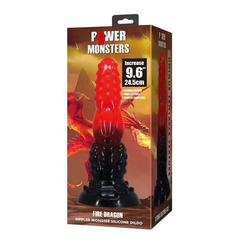 POWER MONSTERS - FEUERDRACHEN-FANTASIE-DILDO MIT SAUGNAPF 24,5 CM Ø 5,8 CM ROT & SCHWARZ