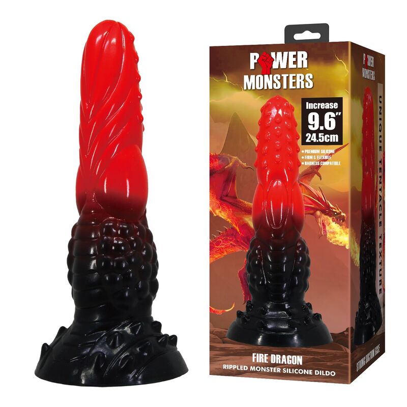 POWER MONSTERS - FEUERDRACHEN-FANTASIE-DILDO MIT SAUGNAPF 24,5 CM Ø 5,8 CM ROT & SCHWARZ