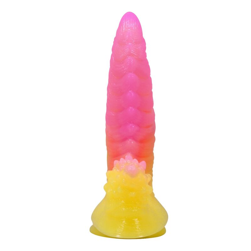 POWER MONSTERS - RIPPLIED MONSTER FANTASY DILDO MIT SAUGKAPSEL 22,5 CM Ø 5,5 CM PINK & GELB