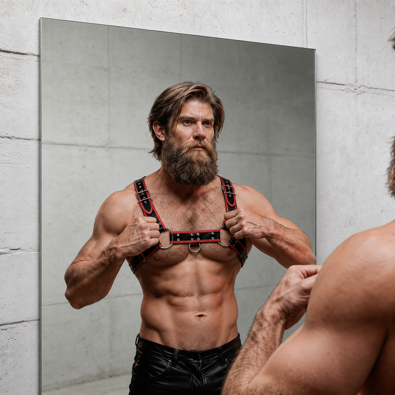 FETISH SUBMISSIVE ATTITUDE - Brust-Harness aus Ökoleder für Herren Schwarz/Rot