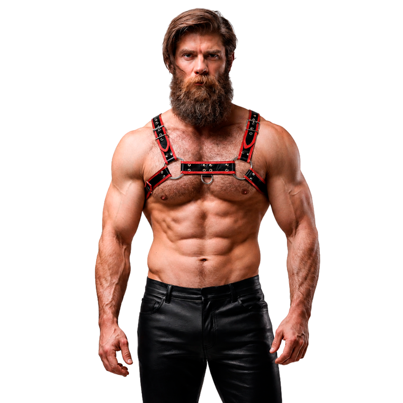 FETISH SUBMISSIVE ATTITUDE - Brust-Harness aus Ökoleder für Herren Schwarz/Rot