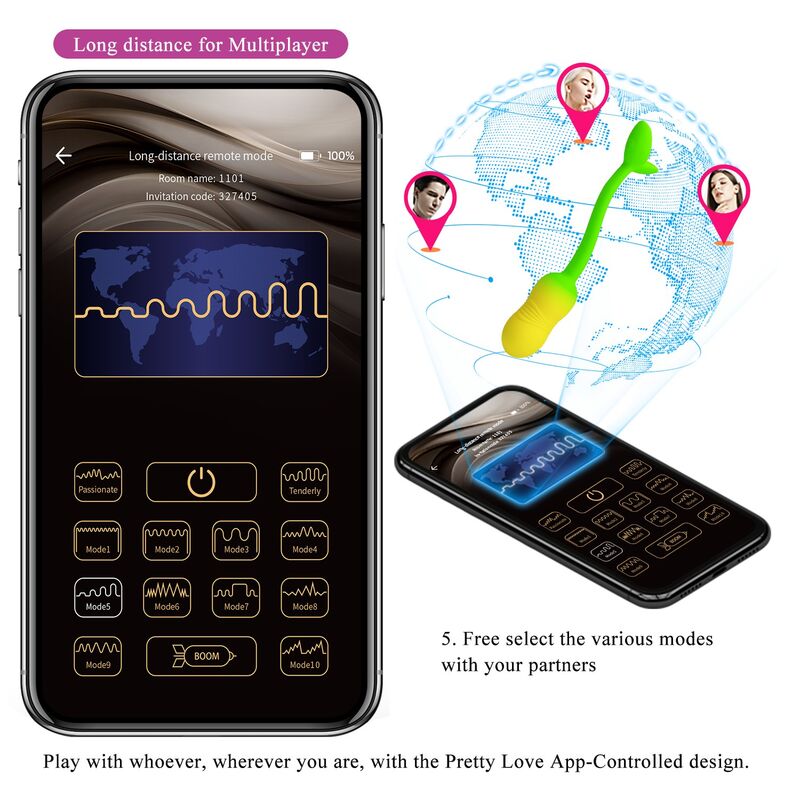 PRETTY LOVE – PULSIERENDES VIBRATIONS-EI MIT APP-STEUERUNG, 12 FUNKTIONEN, USB-AUFLADBAR, GRÜN-GELB