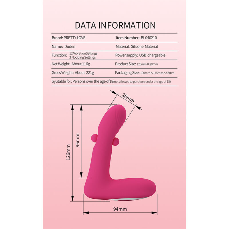 PRETTY LOVE – DUDEN WIEDERAUFLADBARER SILIKON-VIBRATOR MIT 12 VIBRATIONSMODI UND 3 SCHAUKELMODI, PINK