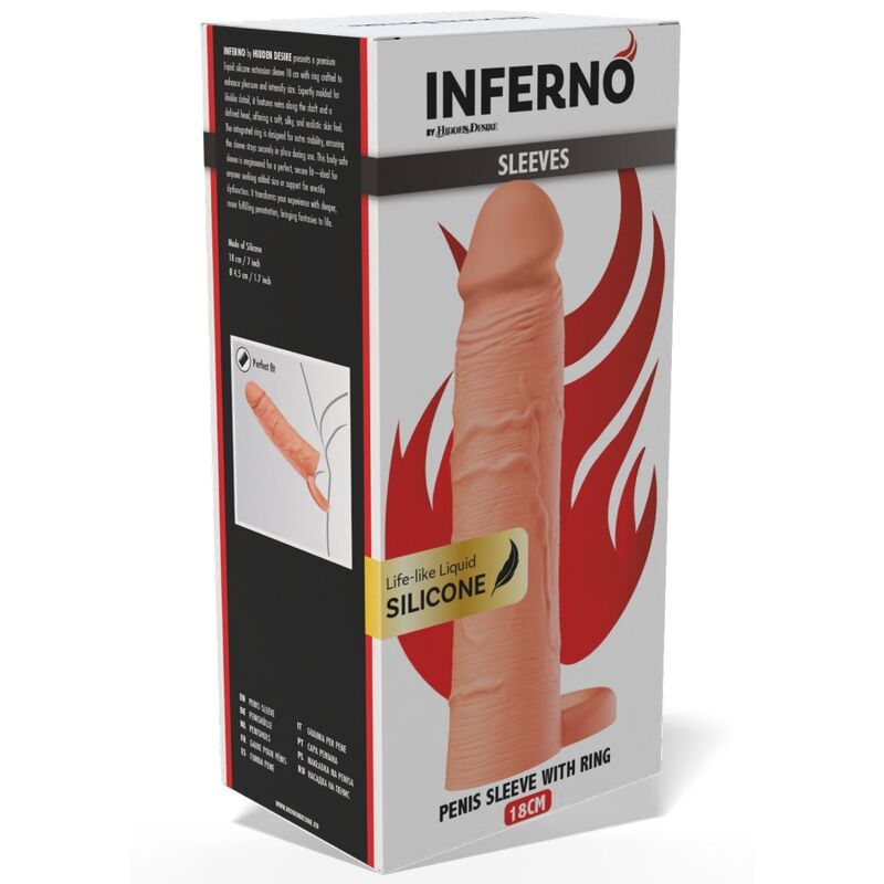 HIDDEN DESIRE - INFERNO FLÜSSIGSILIKON-VERLÄNGERUNGSHÜLSE MIT RING, 18 CM Ø 4,5 CM – HAUTTON