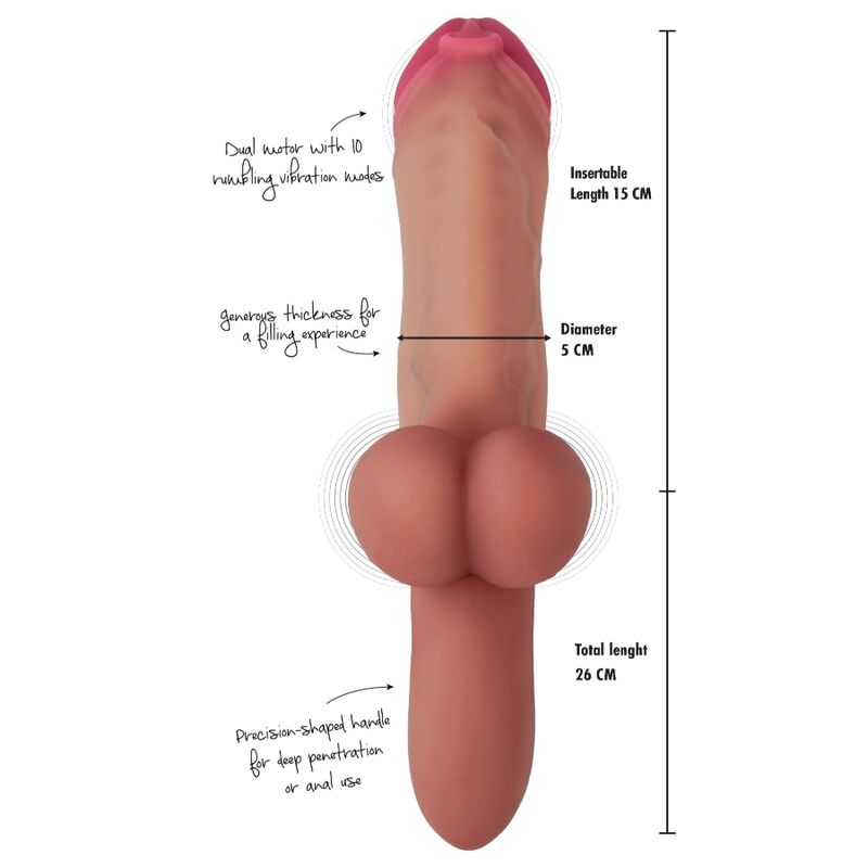 HIDDEN DESIRE - PIERCED PUNISHER: REALISTISCHER VIBRATIONSDILDO AUS FLÜSSIGSILIKON MIT 2 MOTOREN, 26 CM LÄNGE, 5 CM DURCHMESSER, HAUTFARBE.