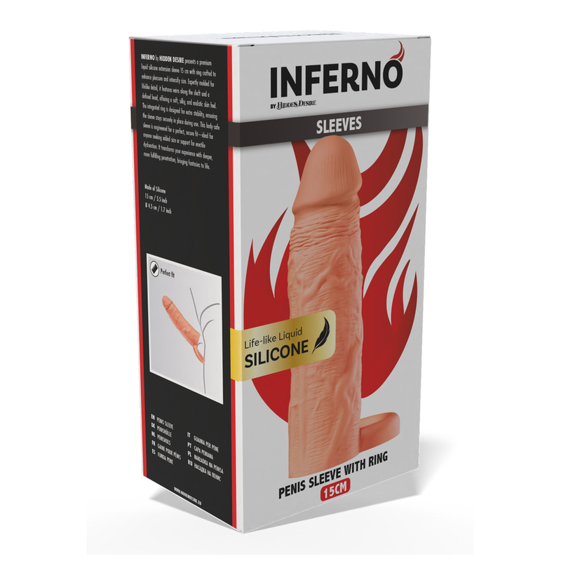 HIDDEN DESIRE - INFERNO FLÜSSIGSILIKON-VERLÄNGERUNGSHÜLSE MIT RING – 15 CM – Ø 4,5 CM – HAUTTON