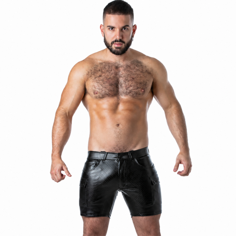 LOCKER GEAR - PUNCH HOLE LEATHERETTE CARGO-SHORTS SCHWARZ L