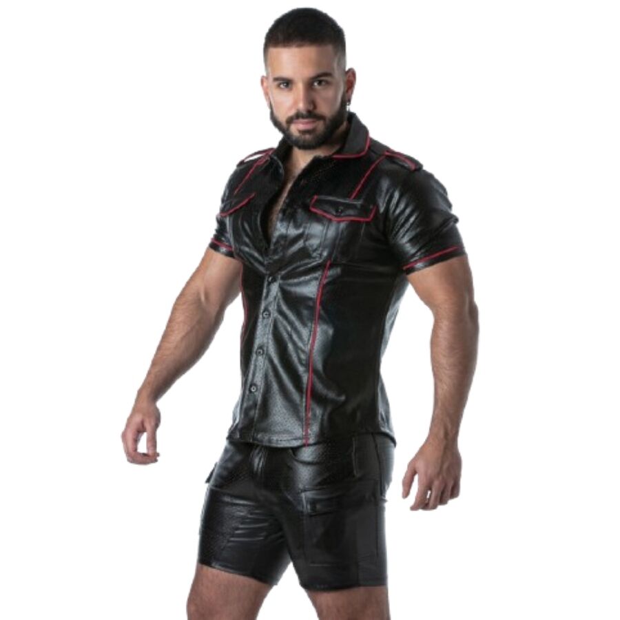 LOCKER GEAR - PUNCH HOLE LEATHERETTE HEMD ROT L